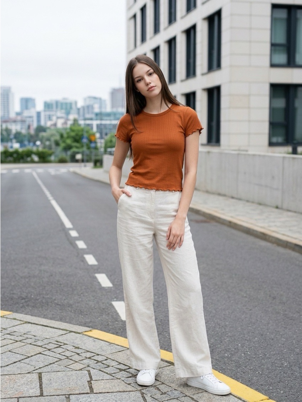 Madewell Rust Orange Ribbed Lettuce-Edge Short Sleeve Tee